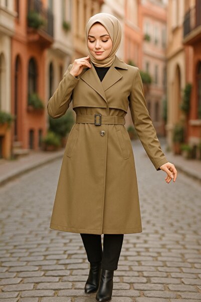 Neva Style Brown Hijab Trench Coat with Buckle Belt 59371KH