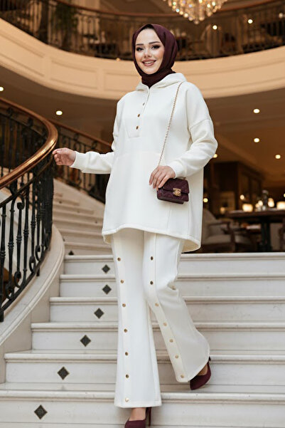 N.S NEVA STYLE Σετ δύο τεμαχίων με κουκούλα Ecru Tesettür Scuba 12312E