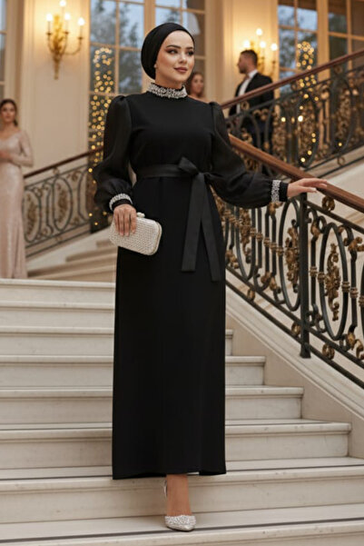 Neva Style Μαύρο Φόρεμα Χιτζάμπ με Χάντρες 4576S