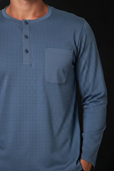 PİJAPİA Men's Plus Size Long Sleeve Pajama Set Blue 100% Cotton