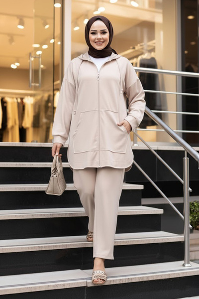 N.S NEVA STYLE Μπεζ Μαντίλι με φερμουάρ Διπλό Σετ 17461BEJ