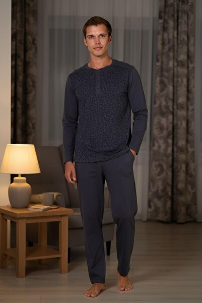 PİJAPİA Plus Size Men's Anthracite Long Sleeve 100% Cotton Pajama Set Comfortable and Soft Texture