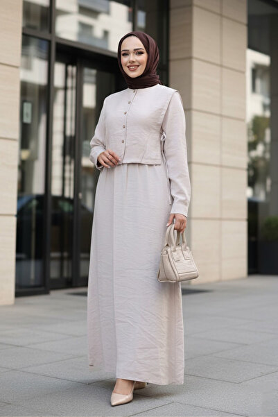 N.S NEVA STYLE Beige Hijab Dress with Sweater Detail 7705Bej