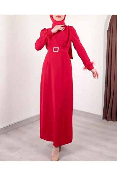 Modamorfo Csatos öv ujjú toll részlet dupla rétegű elülső ruha - piros