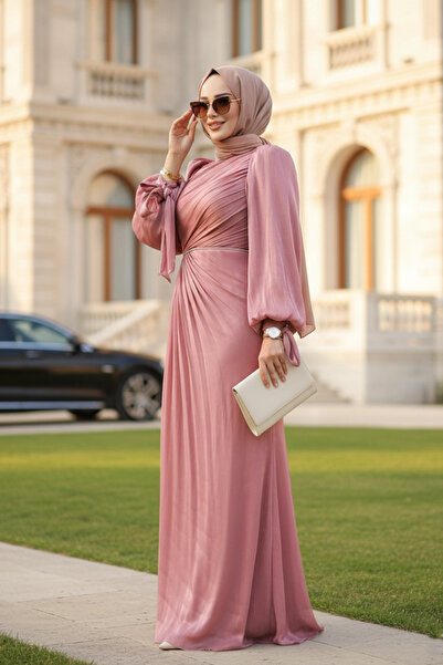 Neva Style Drape Detailed Rose Dried Hijab Evening Dress 50193Gk