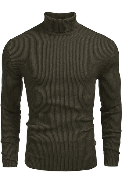 HANCLO Ανδρικό πλεκτό πουλόβερ χακί χρώματος εφαρμοστό με ελαστικό ύφασμα