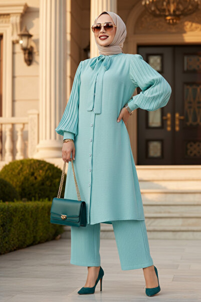 Neva Style Πλισέ μανίκια Mint Hijab Διπλό Σετ 51991MINT