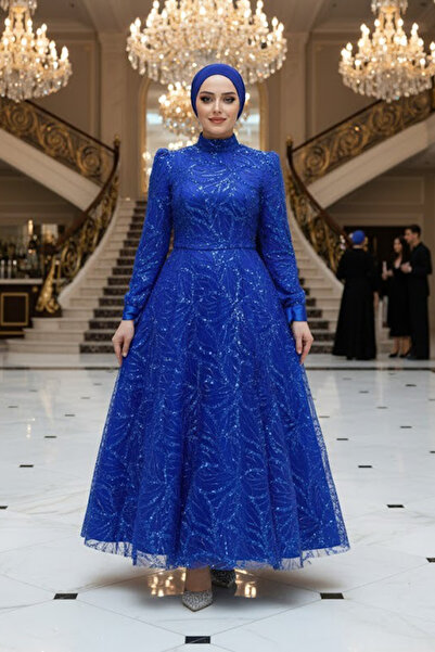 Neva Style Βραδινό φόρεμα με παγιέτες με κεντητό Sax Blue Hijab 4908SX