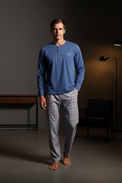PİJAPİA Men's Long Sleeve Pajama Set Blue 100% Cotton