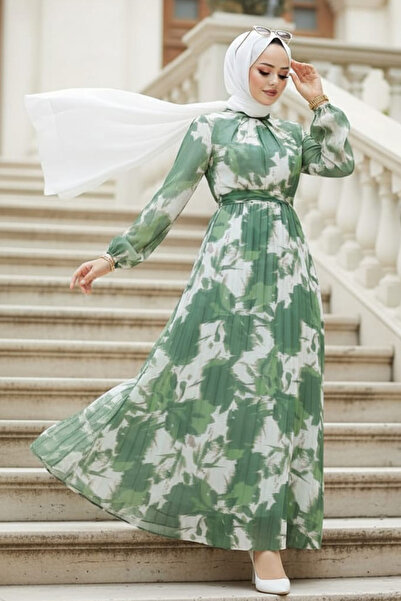 Neva Style Rochie Hijab Kaki cu Motiv Floral 344602 HK