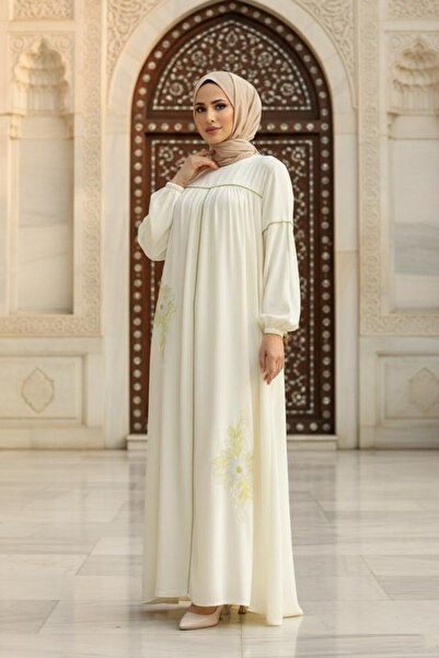 Neva Style Patterned Ecru Hijab Dress 8999E
