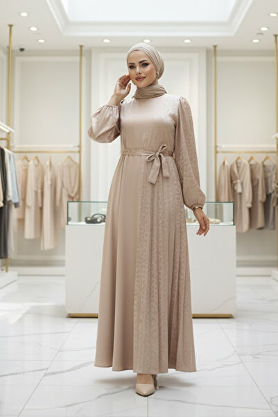 Neva Style Beige Hijab Dress with Belt 30381BEIGE