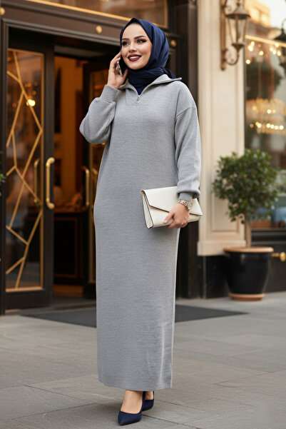 N.S NEVA STYLE Gri Tesettür Triko Elbise 60321GR