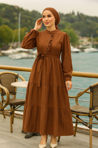 Neva Style Layered Pleated Brown Hijab Dress 617KH