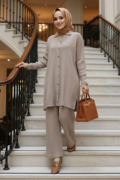 Neva Style Buttoned Mink Hijab Knitwear Double Set 33860V