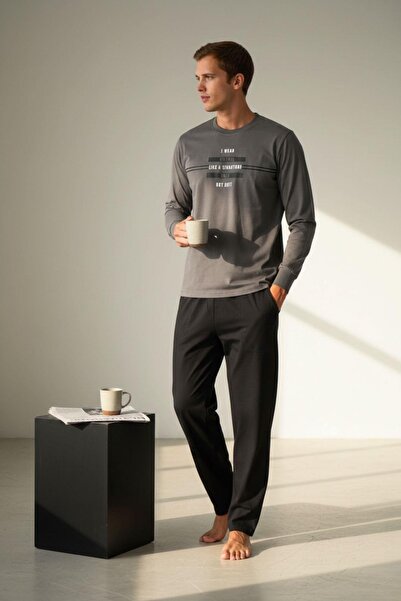PİJAPİA طقم بيجامة رجالي من القطن بنسبة 100% بأكمام طويلة من أنثراسايت، مريح ...