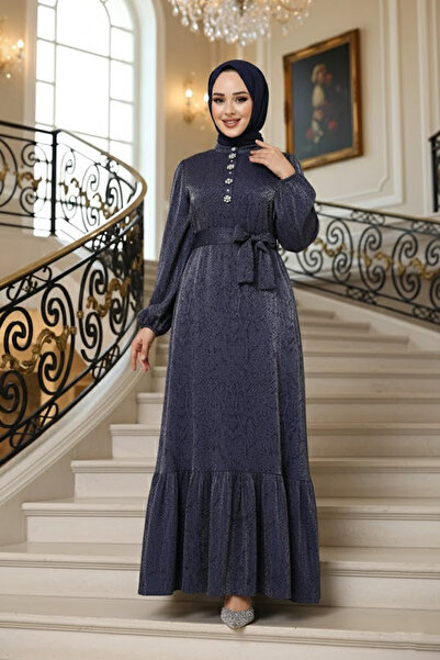 Neva Style Stone Detailed Navy Blue Hijab Jacquard Dress 23891L