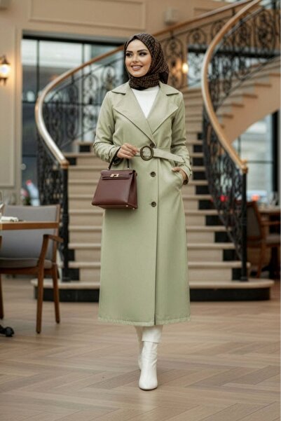 Neva Style Light Khaki Hijab Trench Coat with Buckle Belt 5942AHK