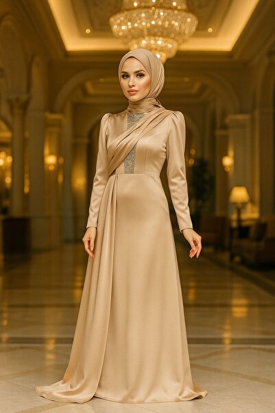 Neva Style Gold Satin Hijab Evening Dress with Tail 22891Gold