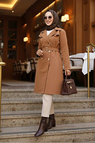 Neva Style Tan Belted Hijab Trench Coat - 61221tb
