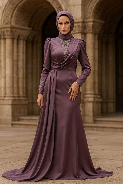 Neva Style Tailored Dusty Rose Satin Hijab Evening Dress 22891Gk