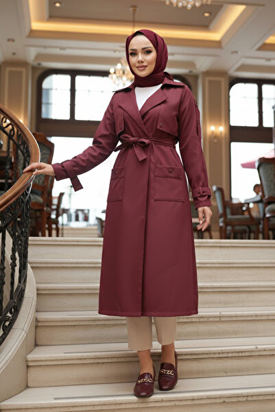 N.S NEVA STYLE Καμπαρντίνα με ζώνη μπορντό Hijab 10701BR