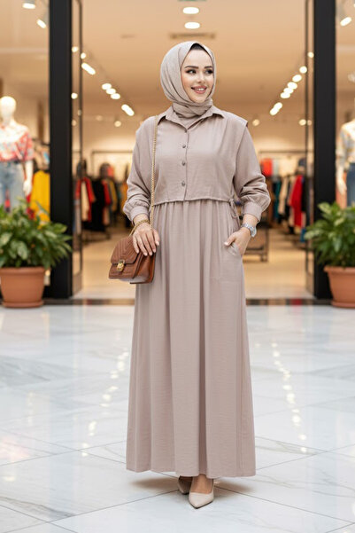 N.S NEVA STYLE فستان حجاب من فرو المنك بتفاصيل سترة 7253V