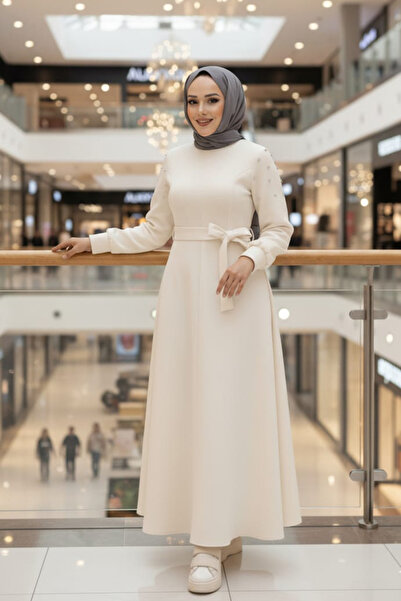 N.S NEVA STYLE Ecru Hijab Dress with Beaded Sleeves 23631E