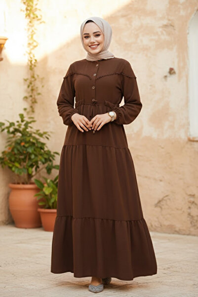 Neva Style Layered Pleated Brown Hijab Dress 10334Kh
