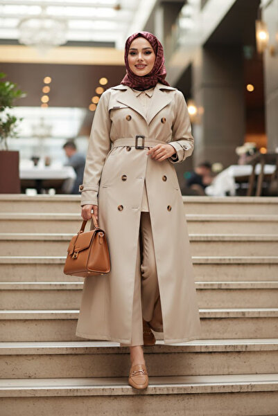 N.S NEVA STYLE Μπεζ Hijab Trench με κουμπί 7261BEJ