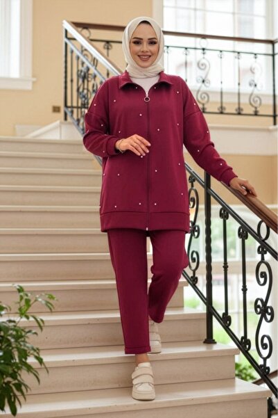 N.S NEVA STYLE Zippered Burgundy Hijab Double Set 12401Br