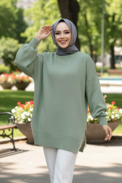 N.S NEVA STYLE Zincir Detaylı Mint Tesettür Triko Kazak Tunik 17202MINT