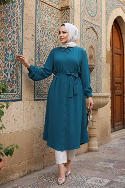 N.S NEVA STYLE Buttoned Petrol Blue Hijab Tunic 32172Pm