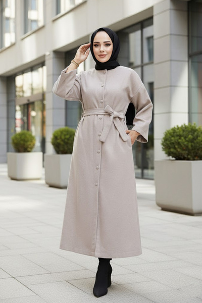 Neva Style Beige Stamped Hijab Coat - Belted, Model 61302Beige