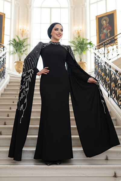 Neva Style Black Hijab Evening Dress with Sleeves Cape 51681S