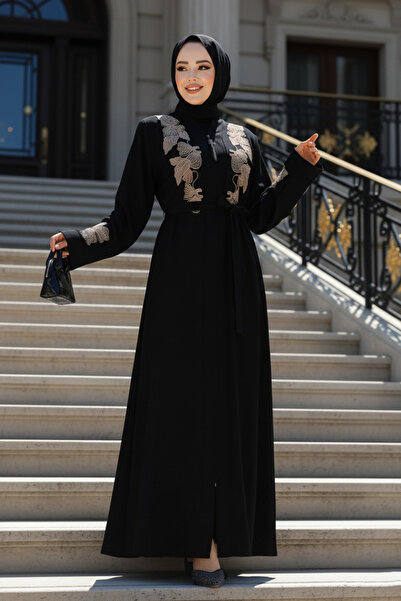 Neva Style Вишита чорно-бежева хіджаб-фарака 29124SBEJ