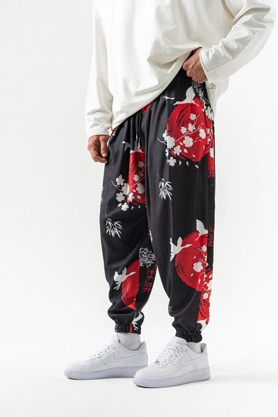 FG KONNİCHİWA JAPANESE YAKUZA Taiyou Unisex Φαρδύ παντελόνι με έθνικ σχέδια, ελαστική μέση και πόδια, τσέπες, χαλαρό hippie bohemian φαρδύ παντελόνι