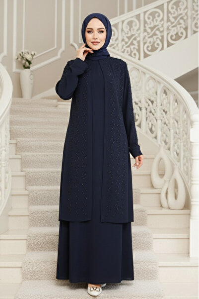 Neva Style Χάντρες Κεντημένο Navy Blue Hijab Abaya 29120L