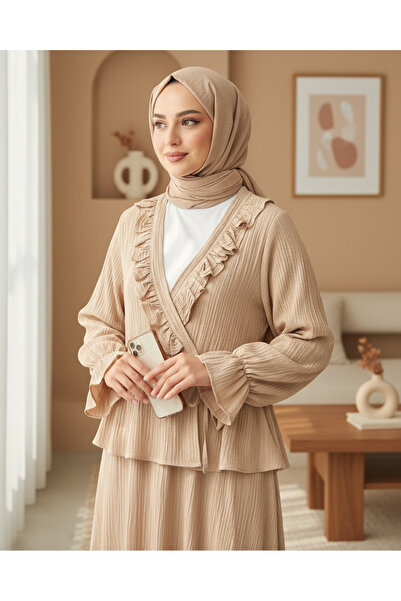 Modamorfo Комплект кимоно с разширен яка, колан отпред и пола - сьомга