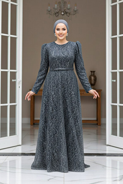 Neva Style Bead Embroidered Anthracite Hijab Evening Dress 23091ANT