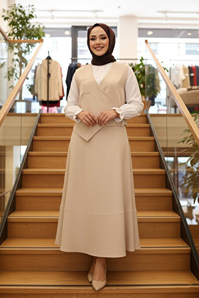 N.S NEVA STYLE Beige Hijab Skirt Double Suit 75471Bej
