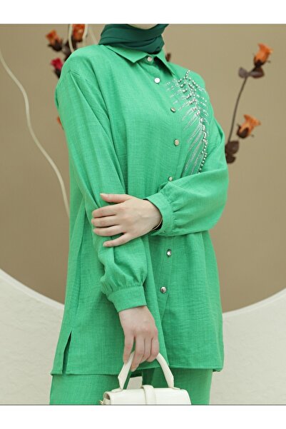 Modamorfo Gyöngyös gombos dupla lenvászon szett - zöld