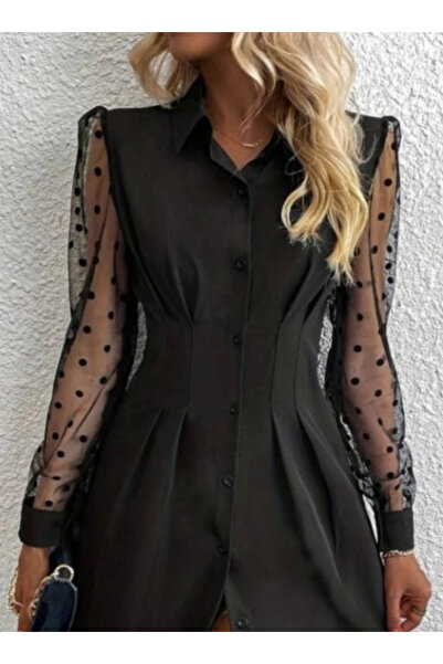 Butik Women's Long Sleeve Collared Buttoned Mini Imported Crepe Dress