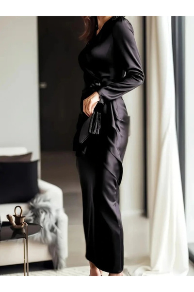 BEFAON Women's Long Sleeve Double-Breasted Collar Belted Waist Long Satin Dress