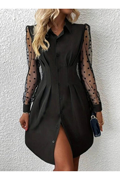 Butik Women's Long Sleeve Collared Buttoned Mini Imported Crepe Dress