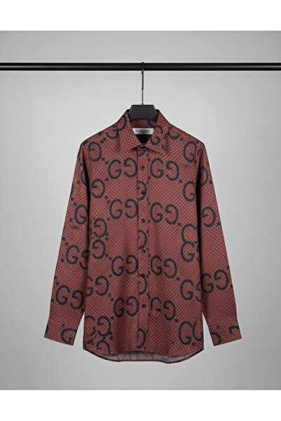 YusGos Long Sleeve Cotton Easy-Iron Patterned Regular Fit Premium Men's Shirt Tile 3XL