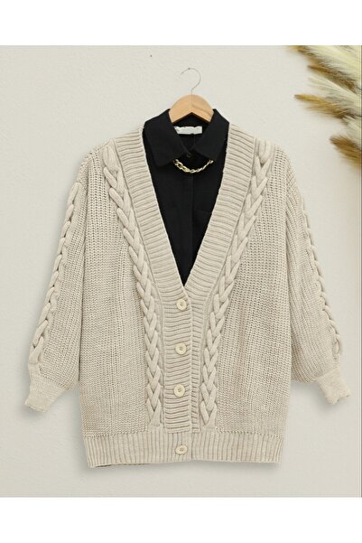 Modamorfo Winter Cardigan with Knitted Chain Detail - Stone