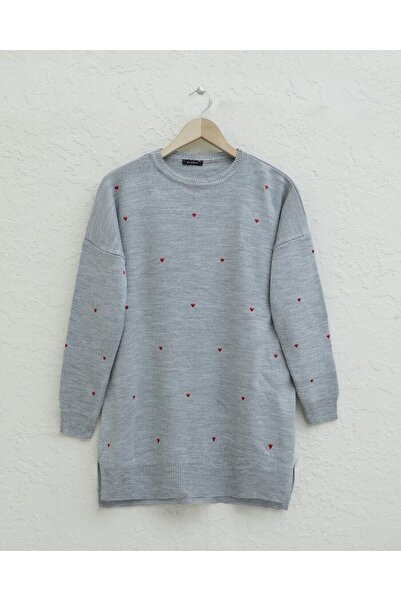 Modamorfo Heart Embroidered Crew Neck Knit Tunic - Gray