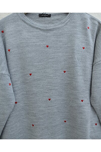 Modamorfo Heart Embroidered Crew Neck Knit Tunic - Gray