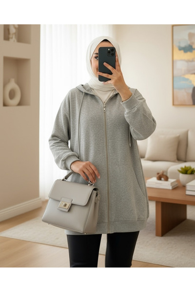 Modamorfo Φούτερ με κουκούλα με φερμουάρ και τσέπες καγκουρό - Ανοιχτό γκρι